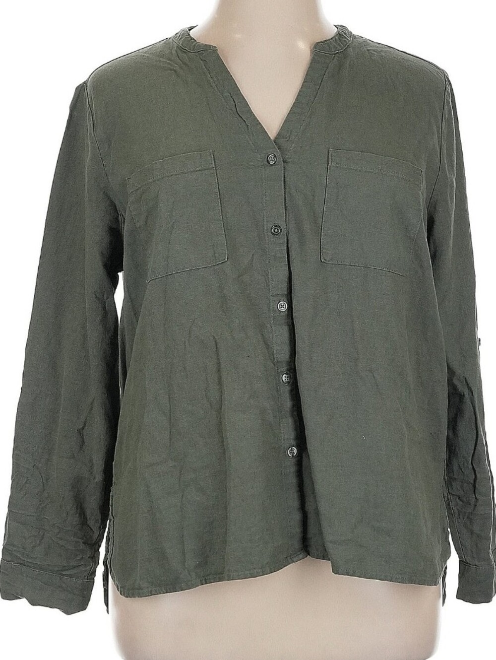 Nine West Linen Blend Button Down Shirt Blouse Roll Tab Sleeve, XL, Olive Green